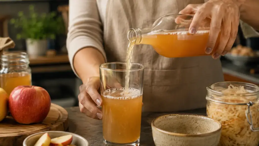 pouring-amber-apple-cider-vinegar-into-a-glass-on-a-counter-dkf