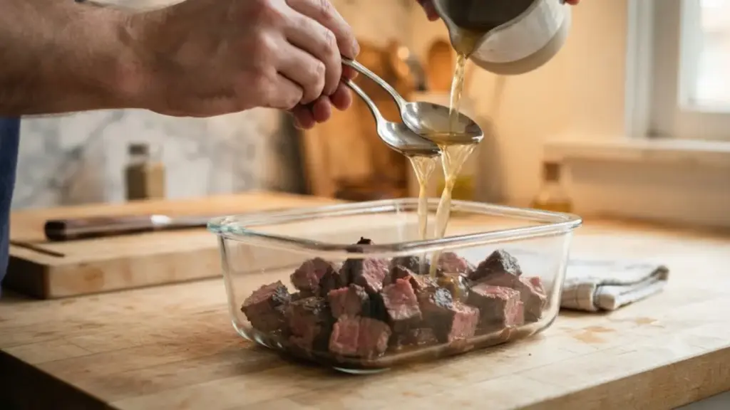 pouring-broth-over-leftover-steak-inside-a-glass-container
