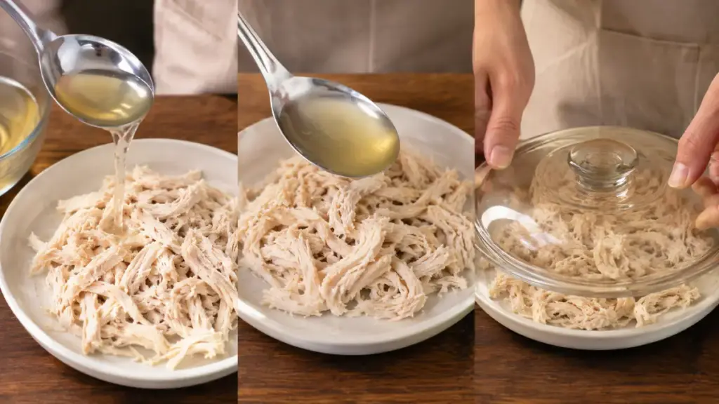 pouring-chicken-broth-over-dry-poultry-before-microwave-reheating