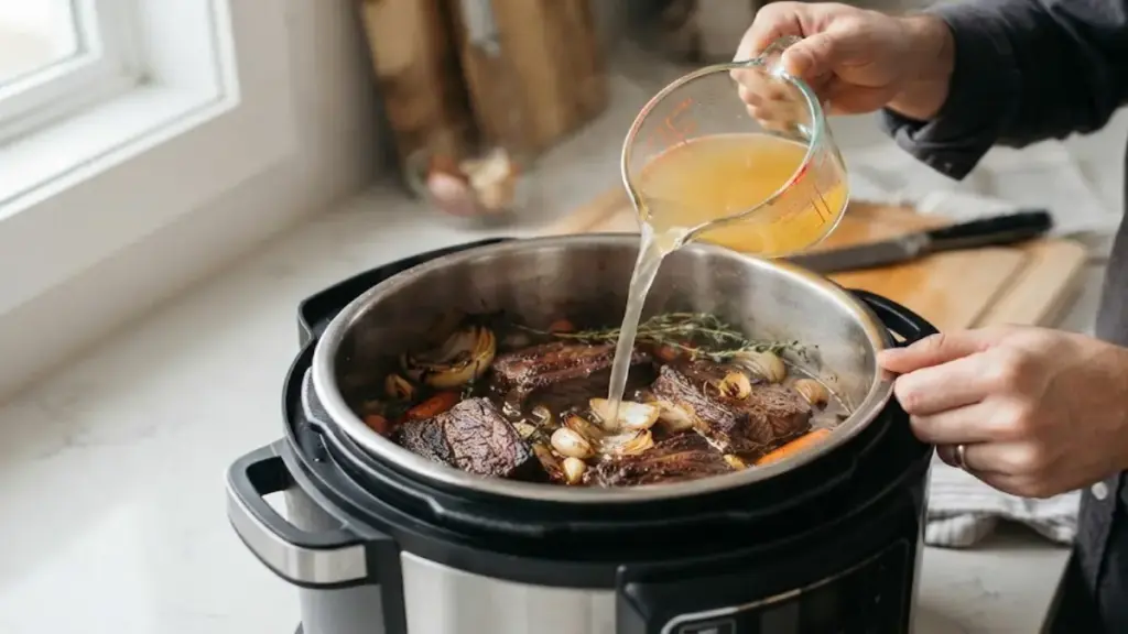 pouring-clear-chicken-broth-into-a-pressure-cooker-for-the-beef-shortrib-recipe