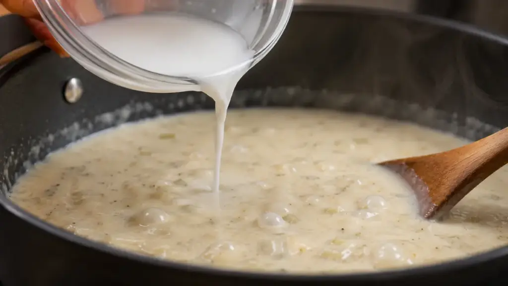 pouring-clear-cornstarch-slurry-into-bubbling-cream-sauce