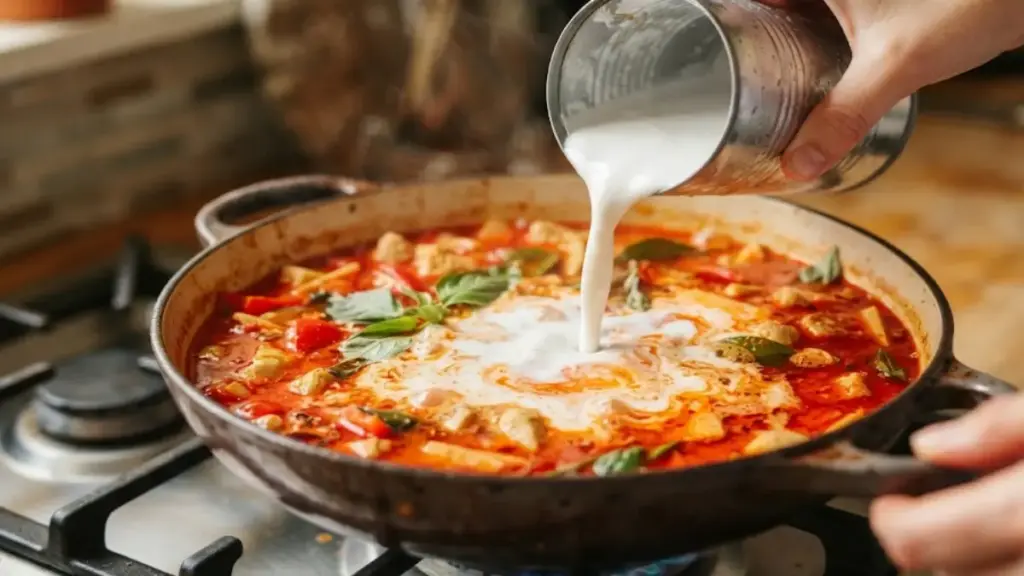 pouring-coconut-milk-into-bubbling-red-curry-broth-for-vegetarian-meals-recipes