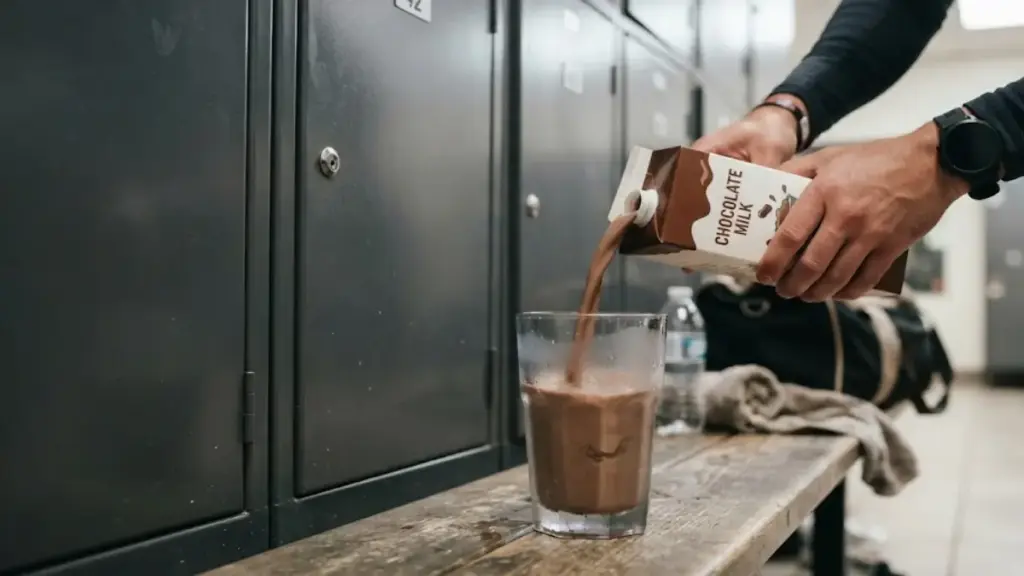 pouring-cold-chocolate-milk-into-a-glass-near-a-gym-locker-for-milk-after-exercise
