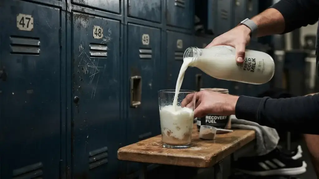 pouring-cold-milk-into-a-glass-near-a-gym-locker
