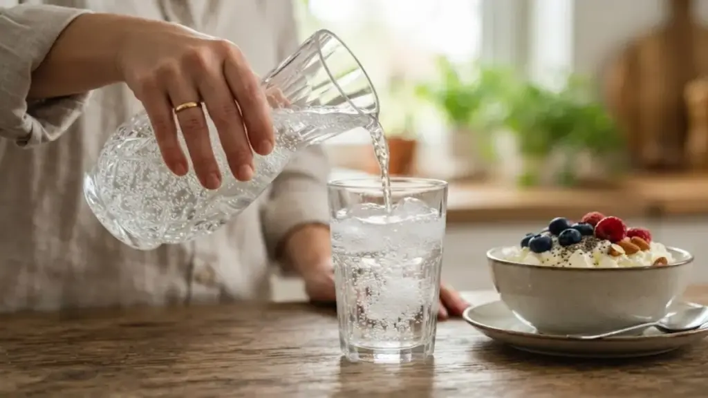 pouring-cool-water-next-to-a-healthy-bowl-of-cottage-cheese-meals