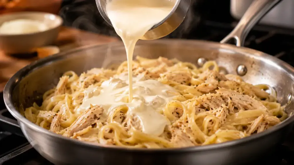 pouring-creamy-alfredo-sauce-over-shredded-poultry-in-a-pan-for-cooked-chicken-in-fridge