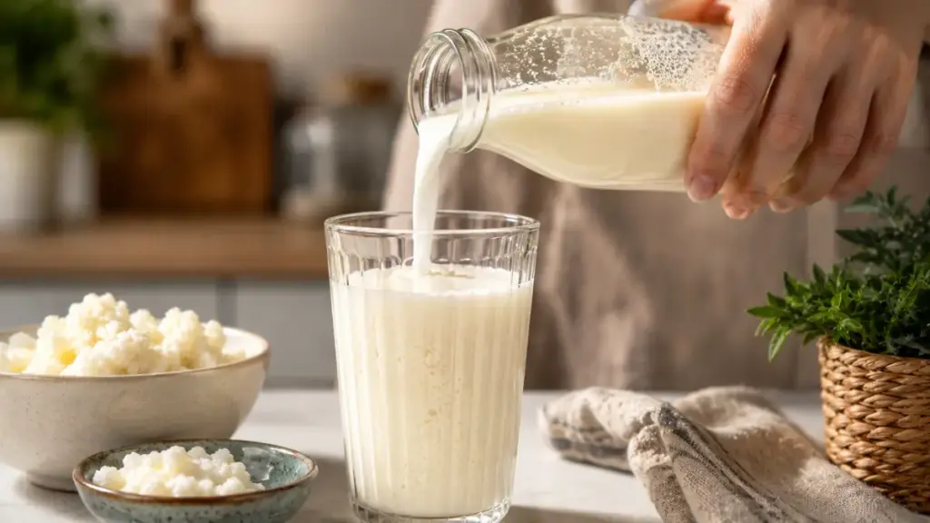 pouring-creamy-white-fermented-kefir-into-a-glass-on-a-counter