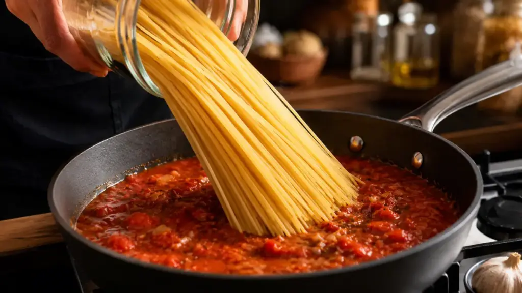 pouring-dry-pasta-strands-into-a-single-pan-of-sauce-for-easy-prepared-meals