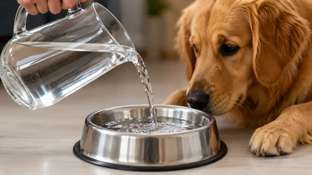 pouring-filtered-water-into-a-dog-bowl-to-flush-toxins-from-fake-dog-food