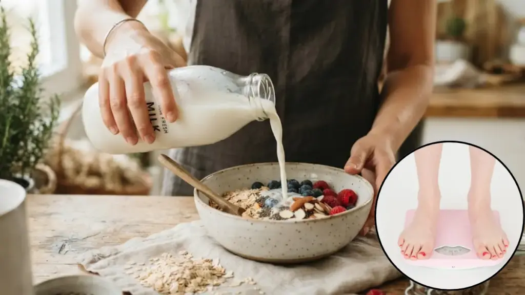 pouring-fresh-milk-into-a-bowl-with-oats-on-a-kitchen-counter