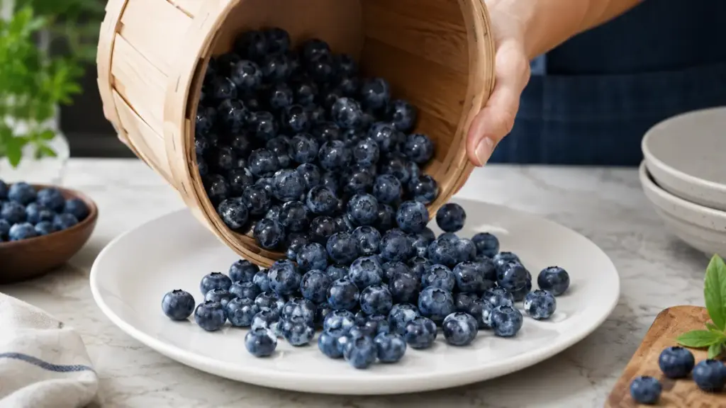 pouring-fresh-raw-blueberries-onto-a-white-plate