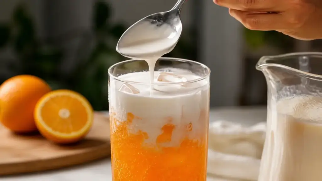 pouring-heavy-cream-over-the-back-of-a-spoon-into-orange-soda