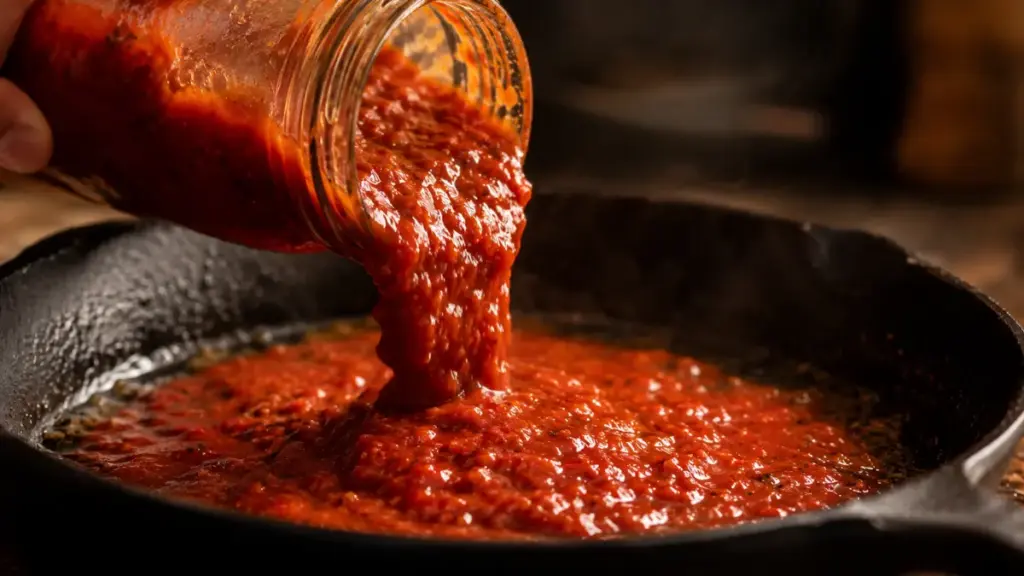 pouring-pre-cooked-marinara-sauce-from-a-jar-into-a-hot-skillet-for-a-quick-meal