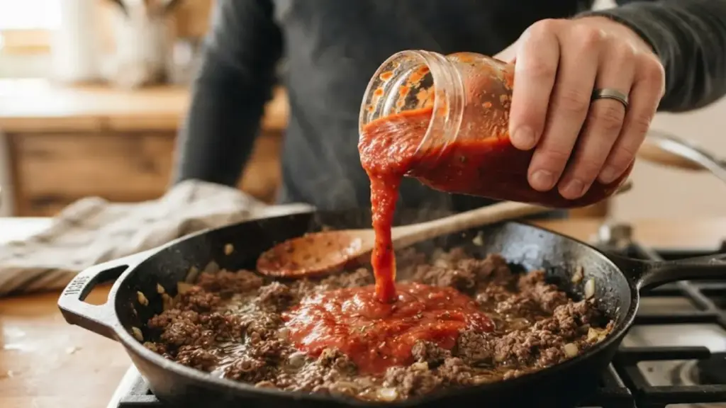 pouring-red-marinara-sauce-into-ground-beef-for-a-quick-sloppyjoe