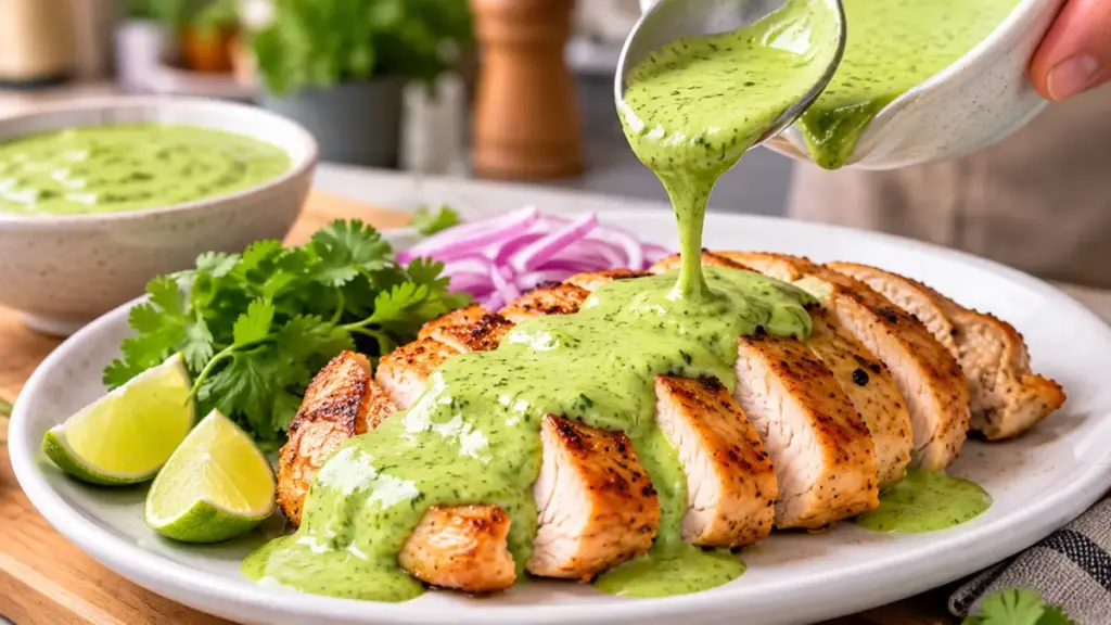 pouring-thick-aji-verde-sauce-over-grilled-chicken-breast-in-a-peruvian-green-salsa-recipe