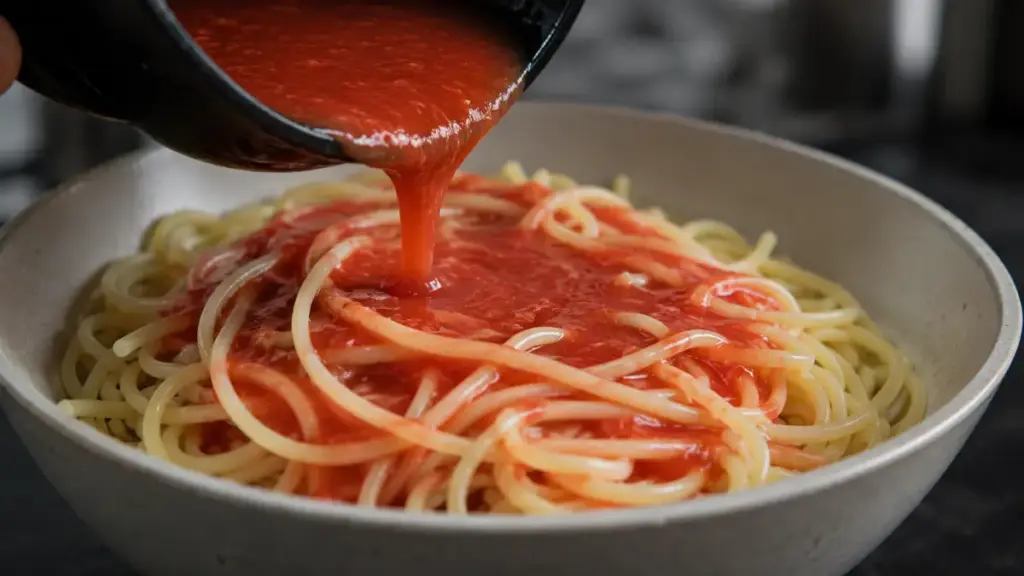 pouring-thin-watery-acidic-tomato-sauce-over-pasta-strands-for-a-quick-meal