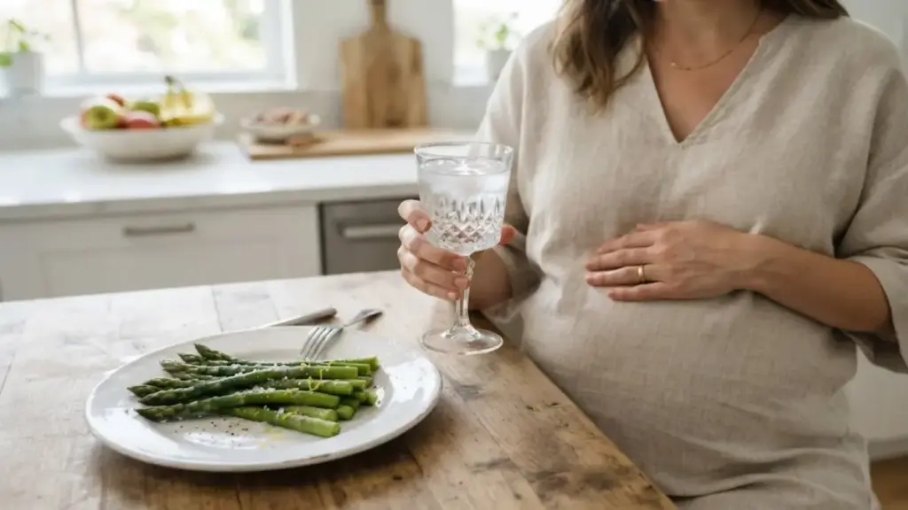 pregnant-woman-with-water-and-steamed-asparagus-in-a-kitchen