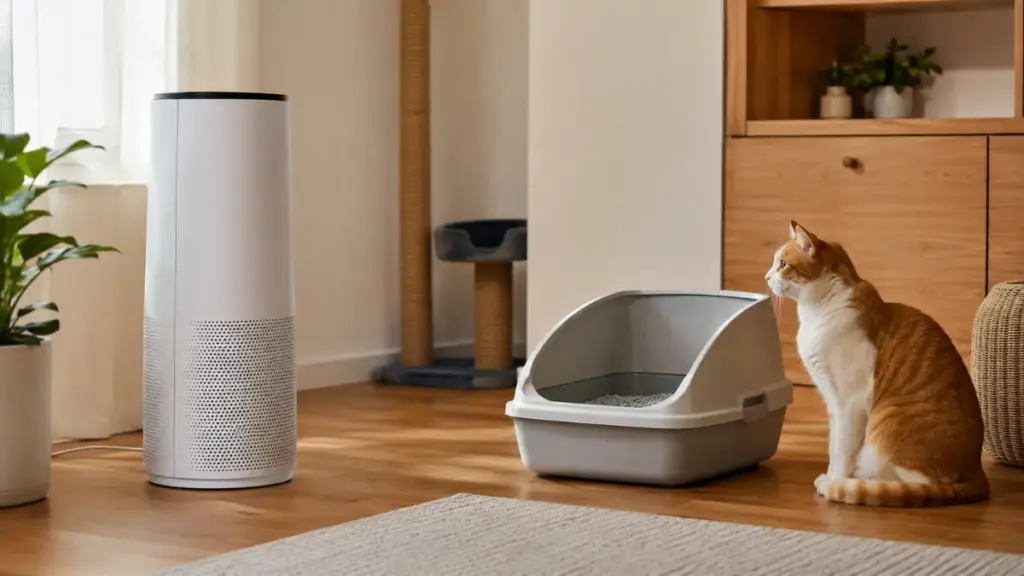 premium-air-purifier-with-true-hepa-filter-placed-near-a-cat-litter-station