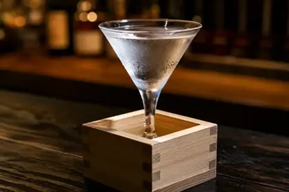 premium clear martini served in a wooden masu box at a luxury lounge bar ukl