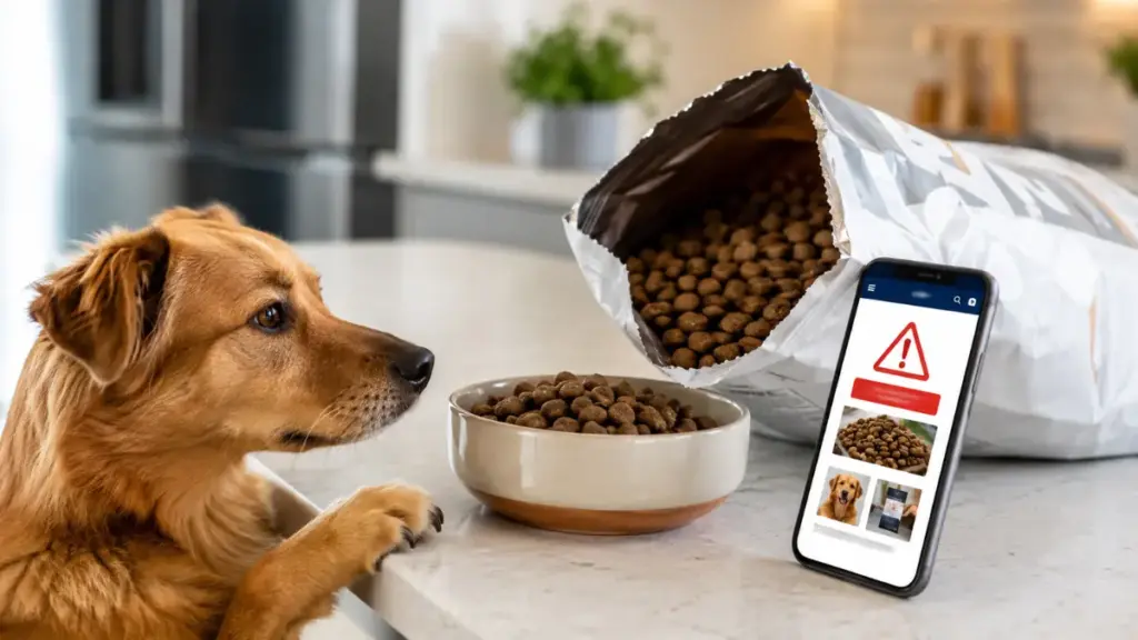 premium-dog-food-bag-arranged-with-smartphone-showing-recall-warnings-for-fake-dog-food