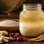 premium fermenting rice wine jar showcasing cloudy sediments and proper botanical brewing metrics