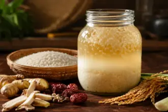 premium fermenting rice wine jar showcasing cloudy sediments and proper botanical brewing metrics