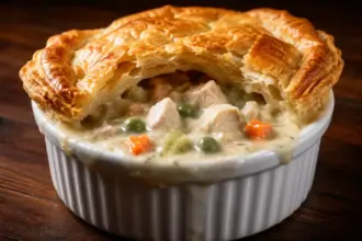 premium glossy cream gravy filling showcasing velvety sauce textures inside a freshly baked chicken pot pie