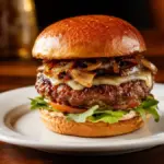 premium gourmet burger presentation showcasing vibrant textures and proper beef grind metrics