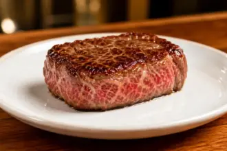 premium japanese wagyu filet mignon steak pour showcasing vibrant marbling and searing metrics