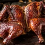 premium smoked poultry showcasing glistening mahogany skin from an outdoor woodwell