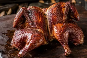 premium smoked poultry showcasing glistening mahogany skin from an outdoor woodwell