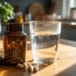 prenatal vitamins and a glass of warm water on a table