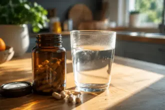 prenatal vitamins and a glass of warm water on a table