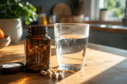prenatal vitamins and a glass of warm water on a table