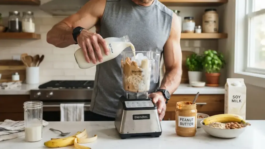 preparing-a-fresh-protein-shake-in-a-kitchen-blender