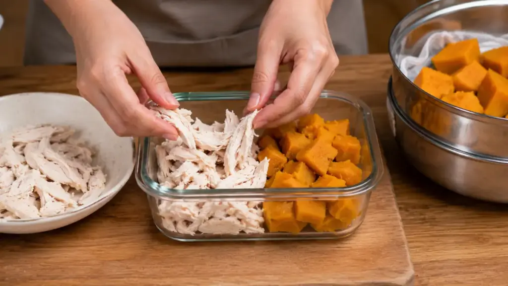 preparing-fresh-chicken-and-pumpkin-portions-in-glass-containers