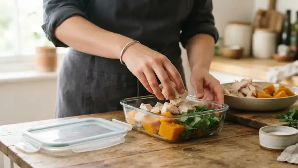 preparing-fresh-chicken-and-pumpkin-portions-in-glass-containers-during-food-recalls-dog