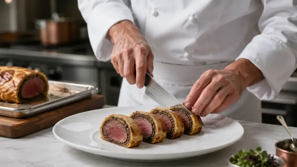 presenting- Michelin-star-quality-beef-wellington-slices-on-a-clean-porcelain-plate