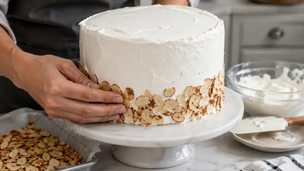 pressing-toasted-almond-slices-onto-the-sides-of-a-frosted-water-melon-cake