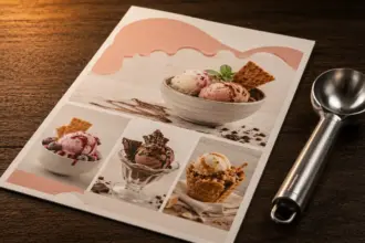 printed dessert menu placed next to a metal scoop on a table