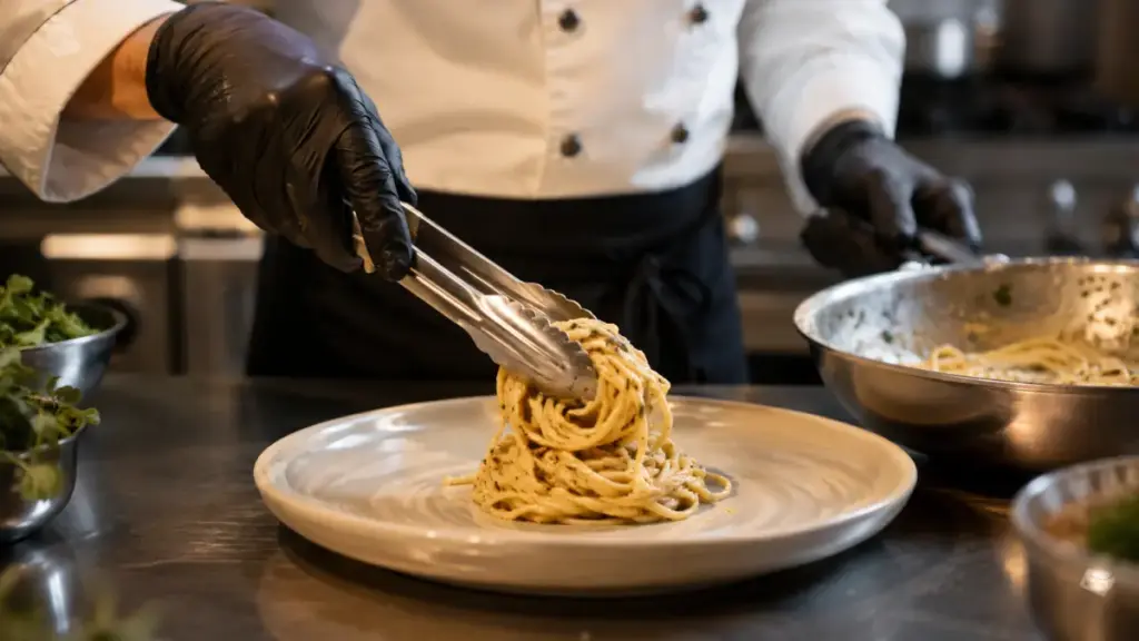 professional-chef-plating-cooked-pasta-on-a-clean-white-dish-for-truffle-pasta