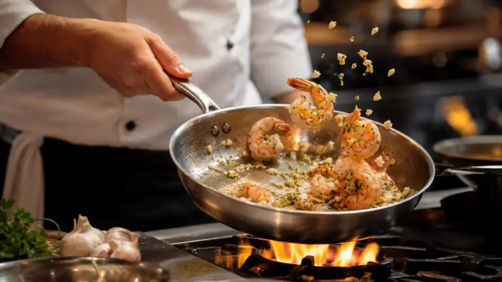 professional-chef-searing-fresh-garlic-butter-shrimp-for-fav-food