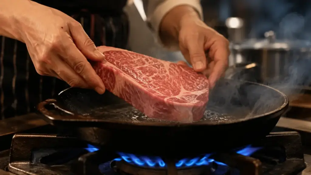 professional-chef-searing-raw-beef-on-a-hot-cast-iron-skillet-for-japanese-wagyu-filet-mignon