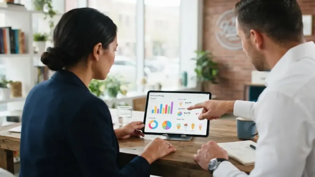 professional-consultant-discussing-menu-pricing-graphics-on-a-tablet-with-a-retail-owner