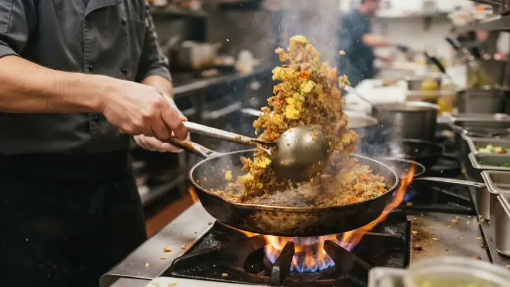 professional-cook-tossing-golden-fried-rice-in-a-hot-cast-iron-skillet-for-left-over-rice