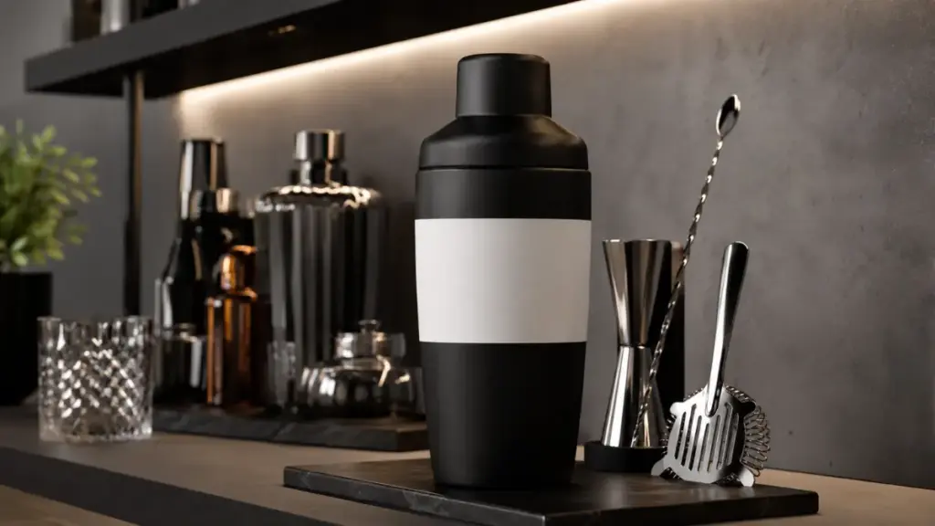 professional-matte-black-cocktail-shaker-with-premium-bar-tools-on-a-shelf