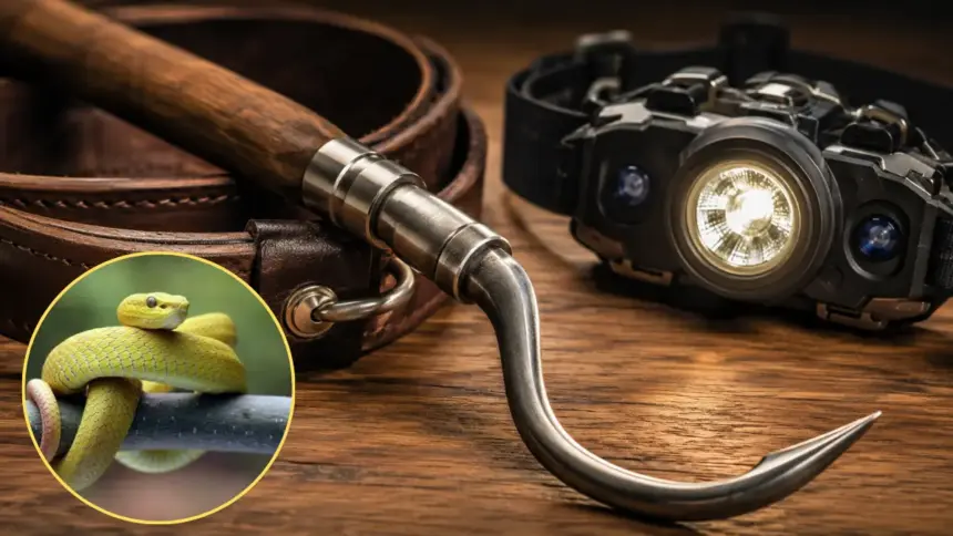 professional snake hunting gear laid out on a table for hunting in florida seasons