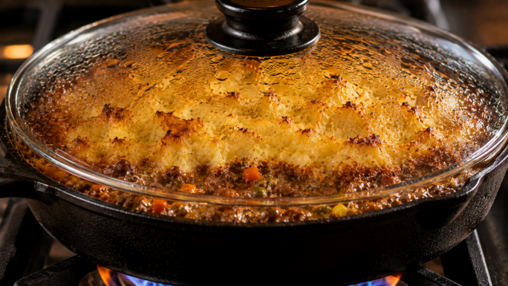 simmering-shepherds-pie-under-glass-lid