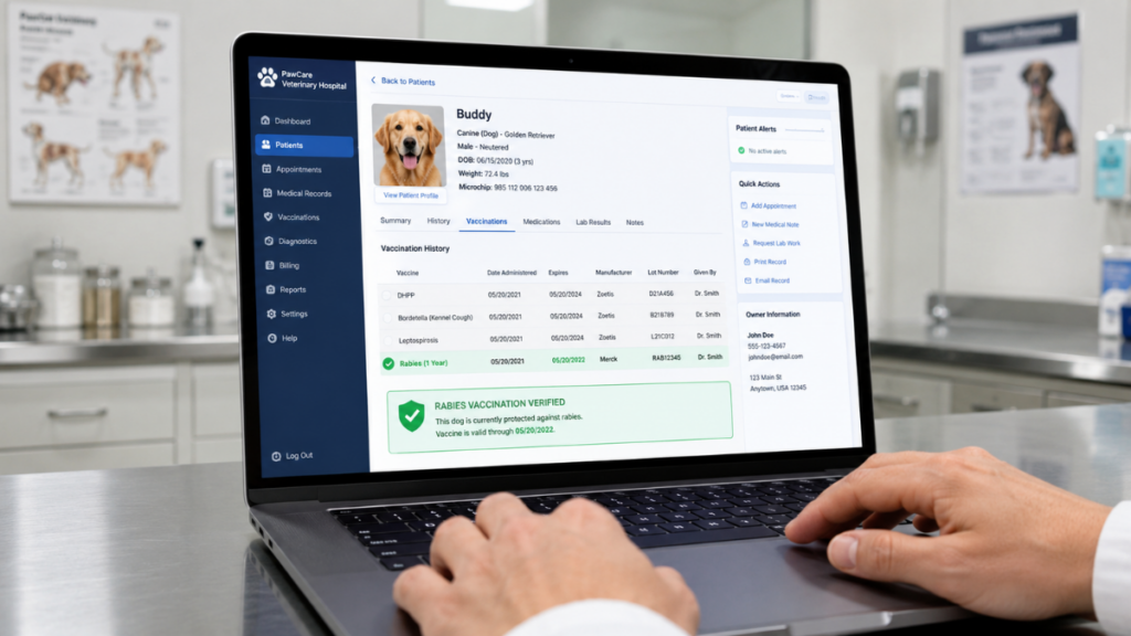 veterinarian-checking-electronic-medical-records-of-rabies-shot-for-dogs