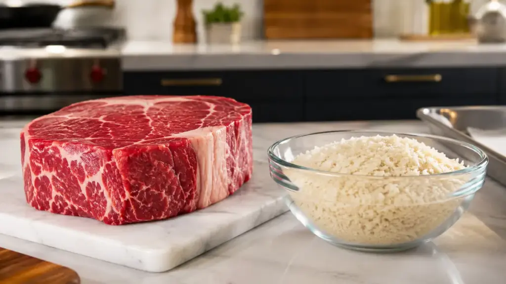 raw-beef-ribeye-steak-arranged-with-panko-crumbs-for-a-mini-steak-wellington-recipe